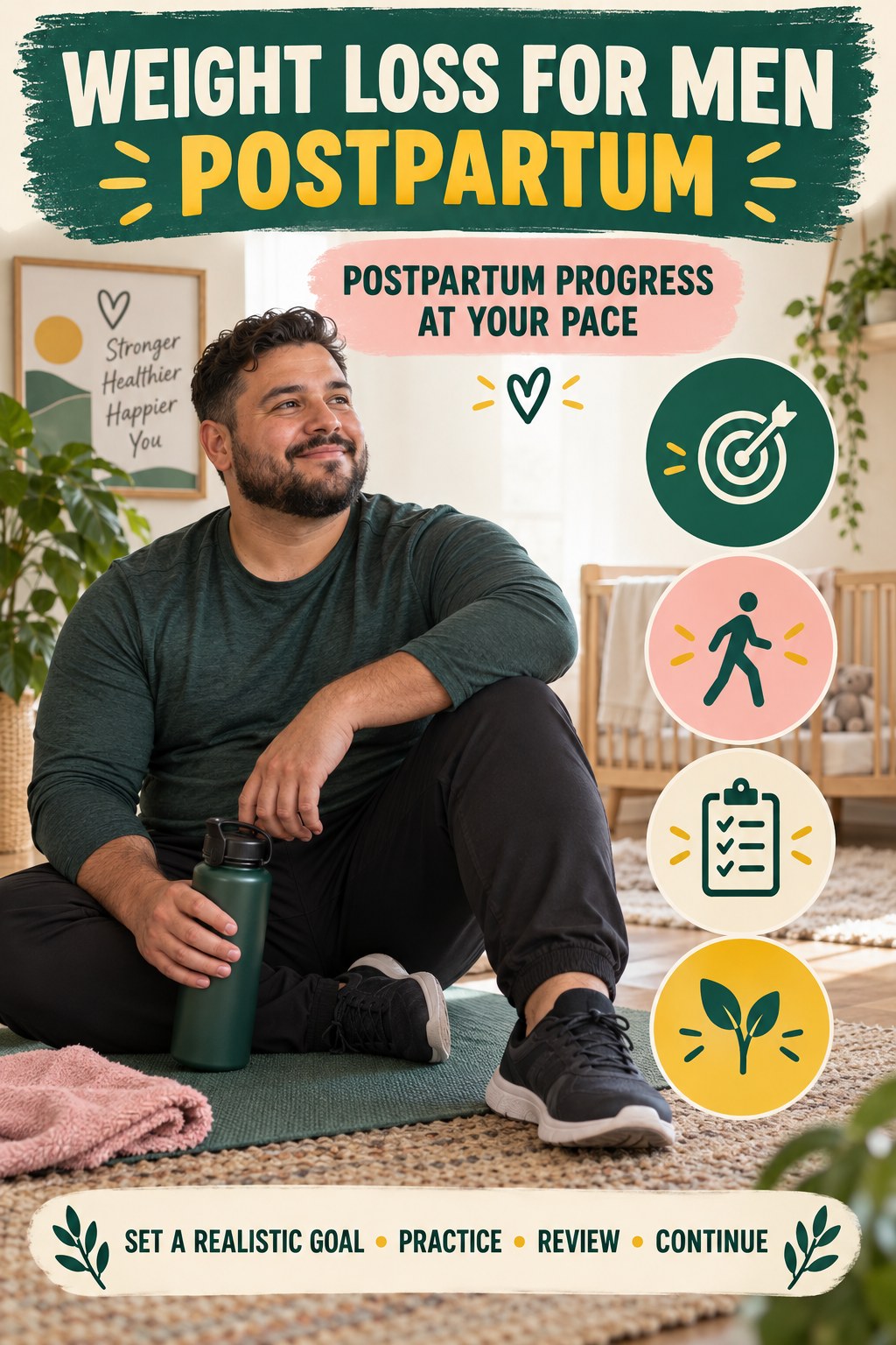 Weight Loss for Men postpartum graphic titled Postpartum Progress at Your Pace with four gradual recovery-aware prompts.