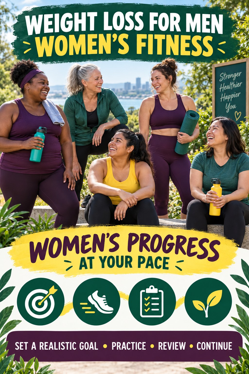 Weight Loss for Men women’s fitness graphic titled Women’s Progress at Your Pace with four practical training prompts.