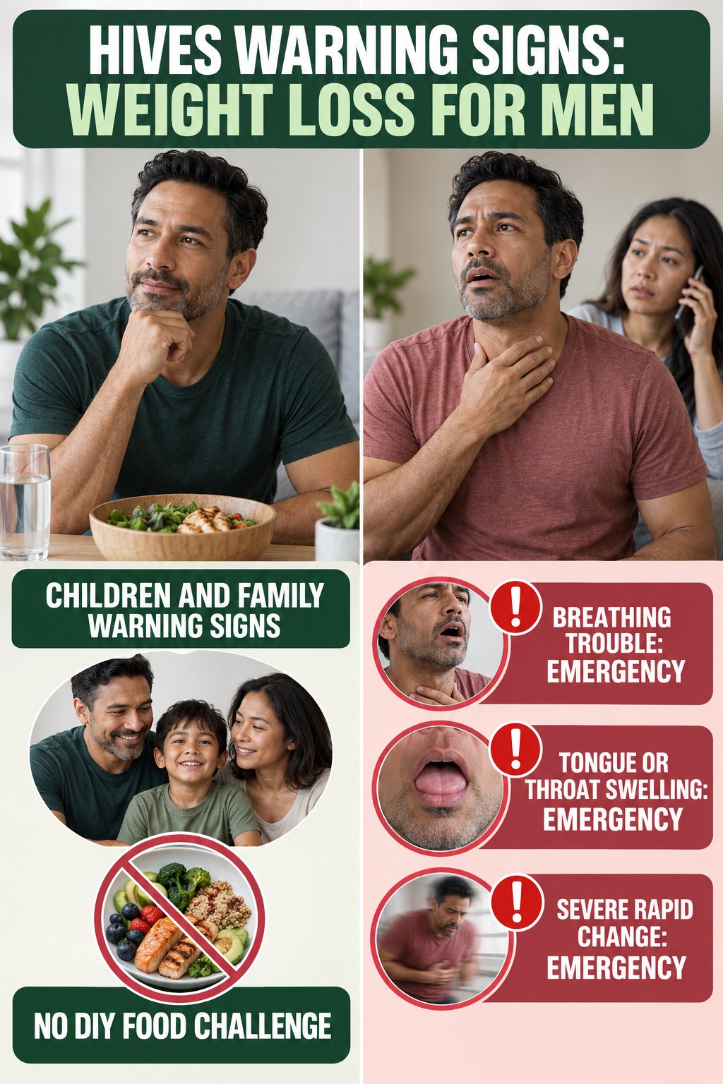 Children and Family Warning Signs infographic for Weight Loss for Men, highlighting urgent breathing, throat, swelling, fainting, and rapid-progression warning signs without diagnosing hives.