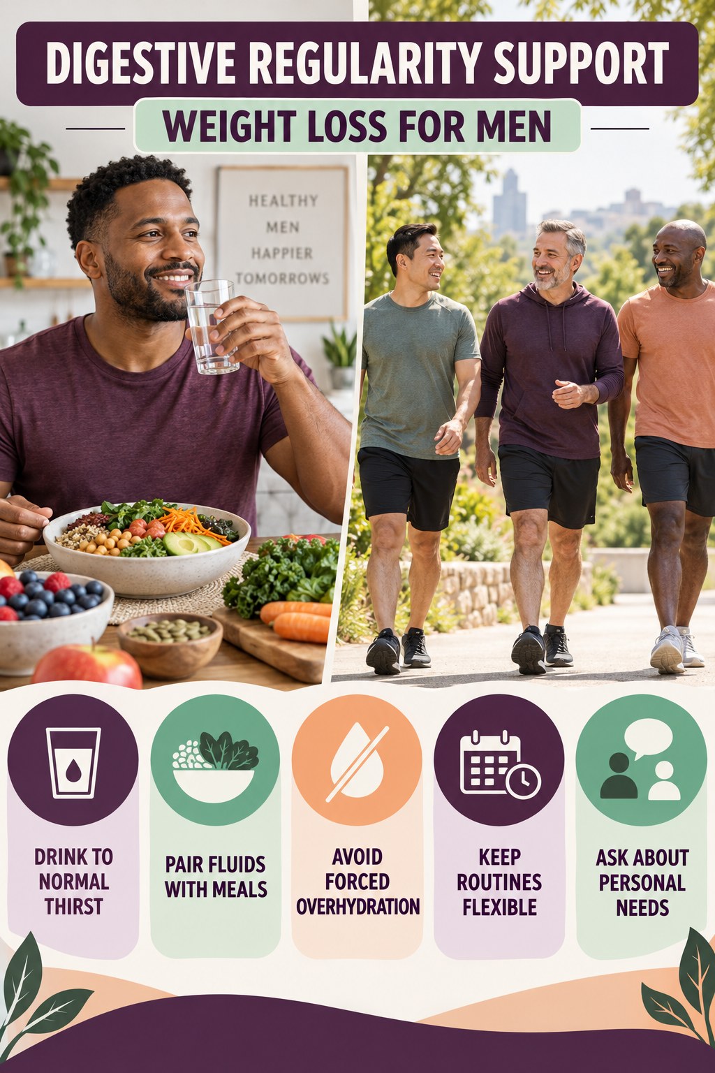 Hydration and Routine Support infographic for Weight Loss for Men with five practical food, hydration, movement, or routine actions and no cleanse claims.