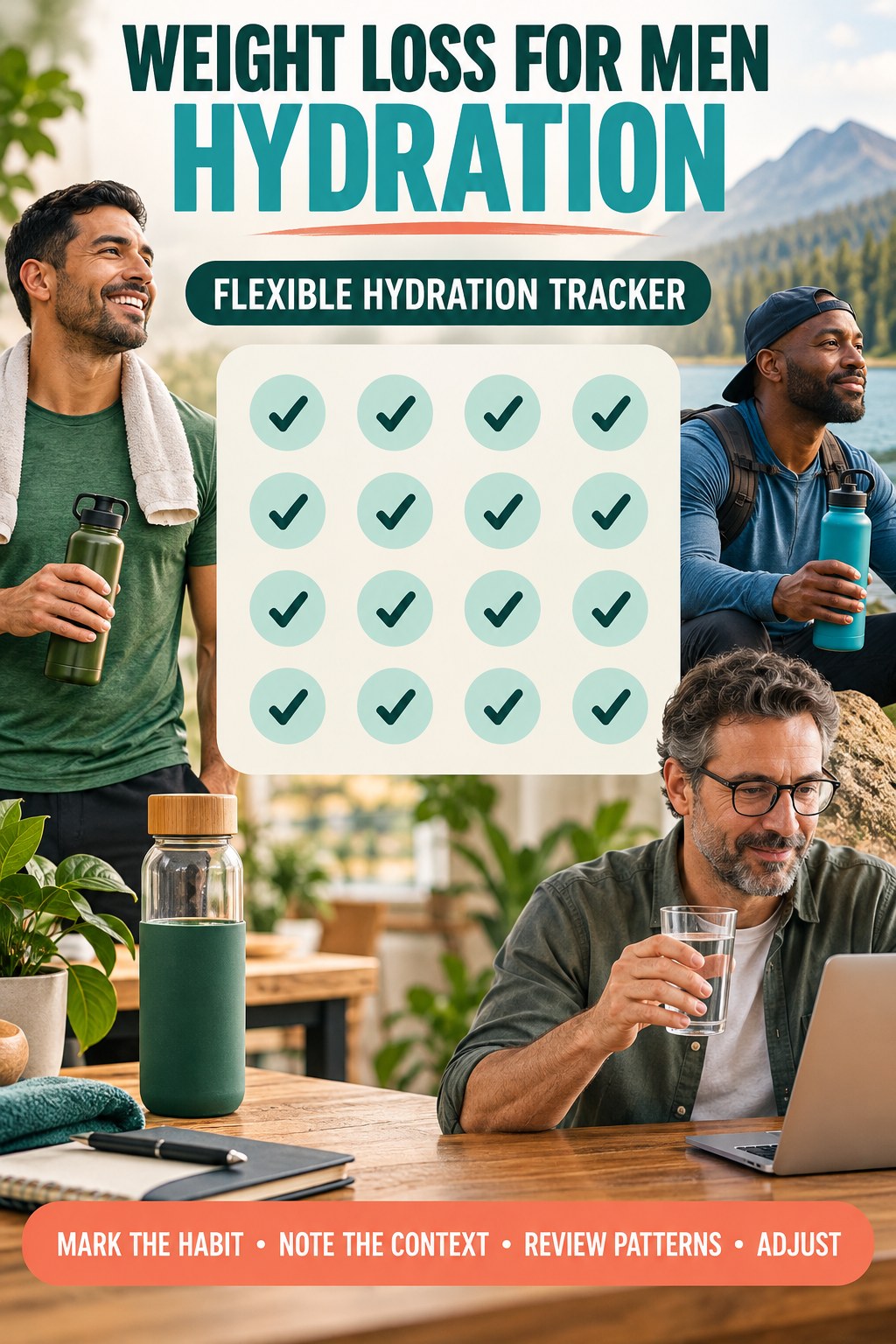 Weight Loss for Men hydration graphic titled Flexible Hydration Tracker with four flexible water-habit prompts and no fixed intake target.