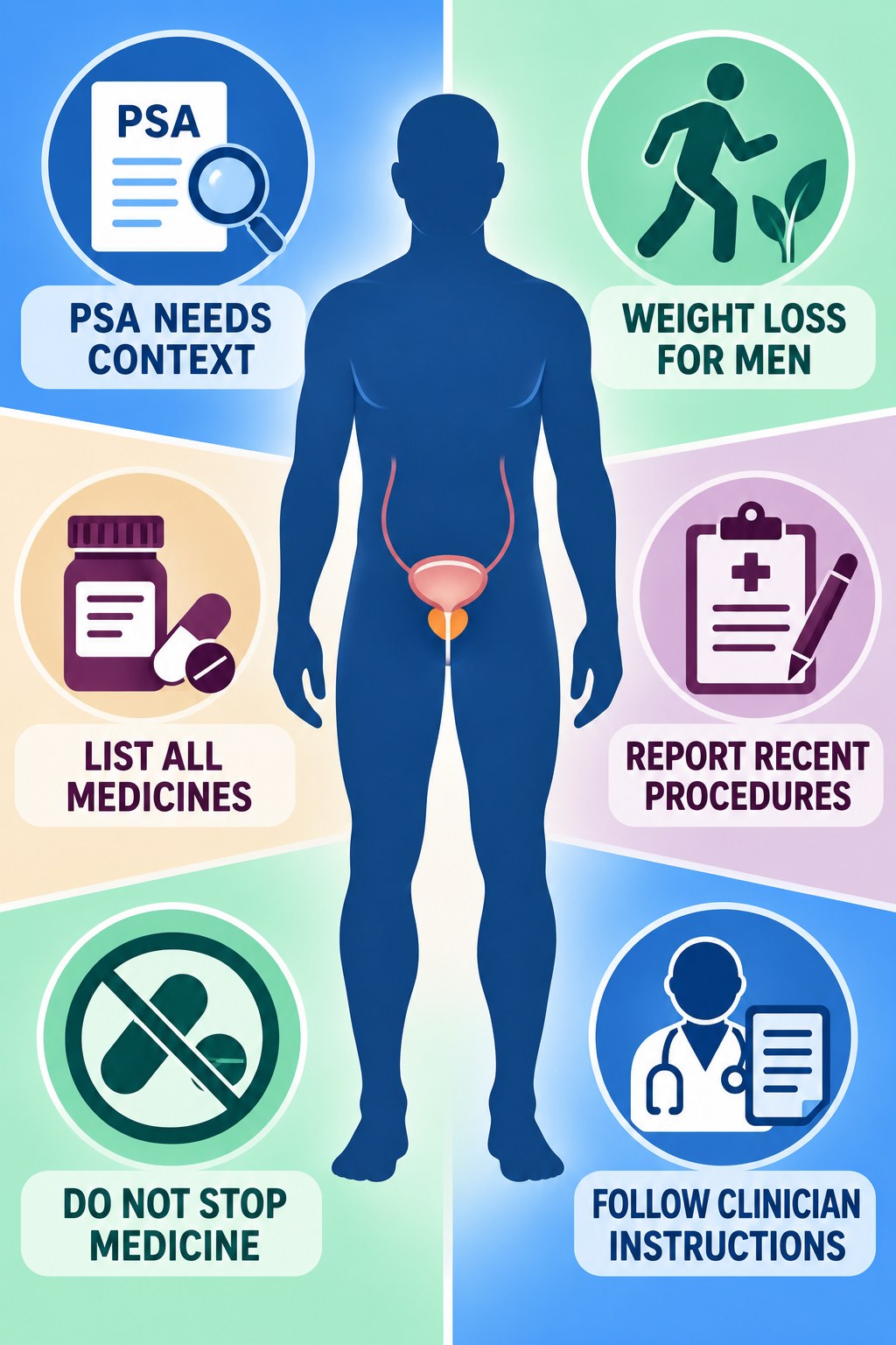 Medication History Matters for PSA Context infographic for Weight Loss for Men with four concise prostate-health awareness points.