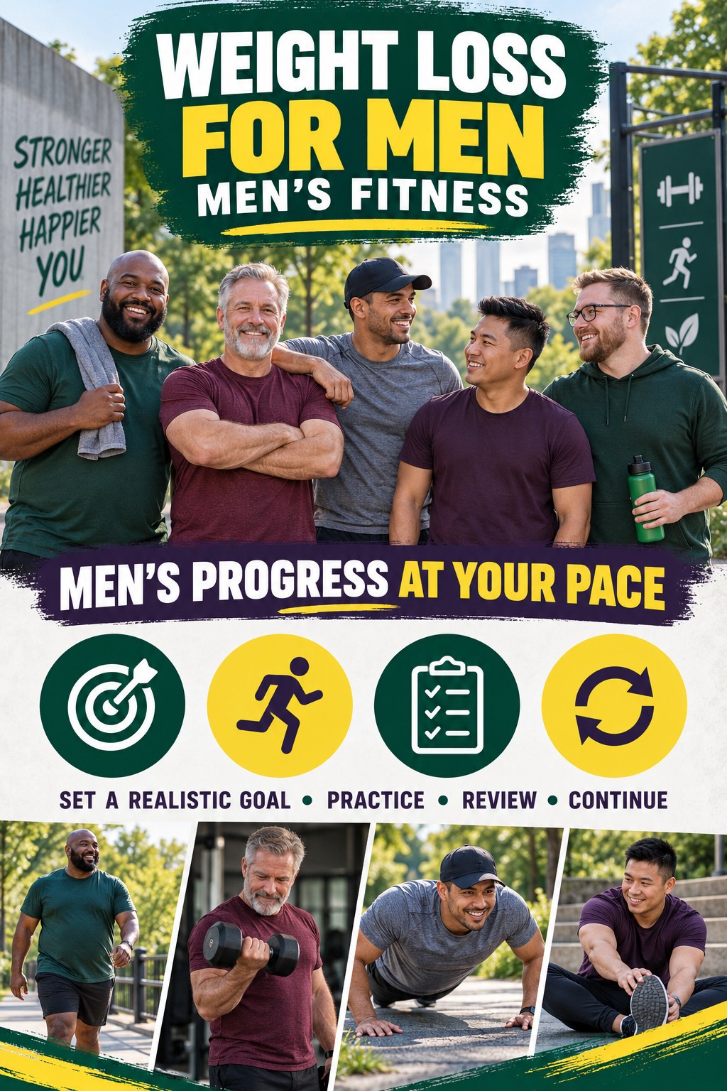 Weight Loss for Men men’s fitness graphic titled Men’s Progress at Your Pace with four practical training prompts.