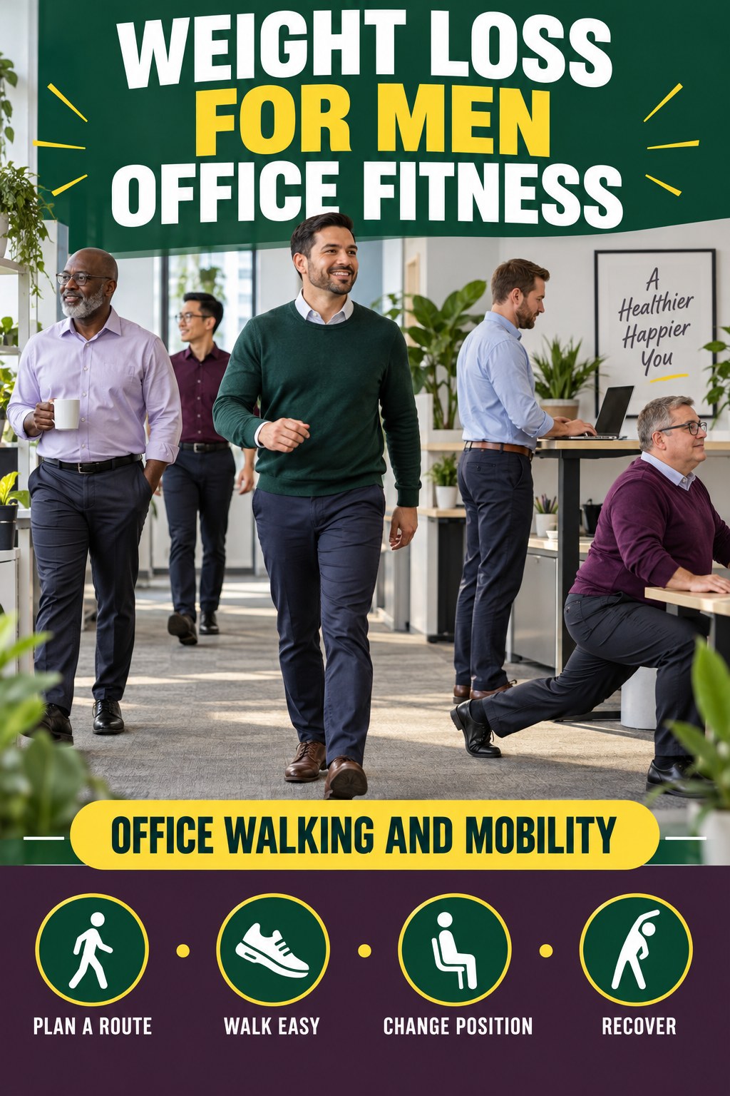 Weight Loss for Men office-fitness graphic titled Office Walking and Mobility with four practical workday movement prompts.