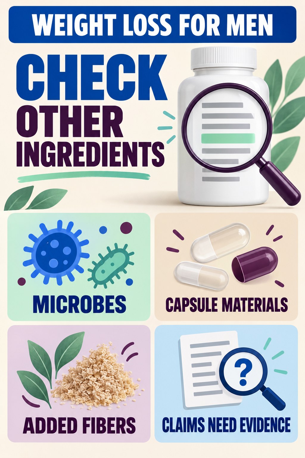 Other Ingredients Deserve Their Own Check infographic for Weight Loss for Men with four concise probiotic-label reading points.