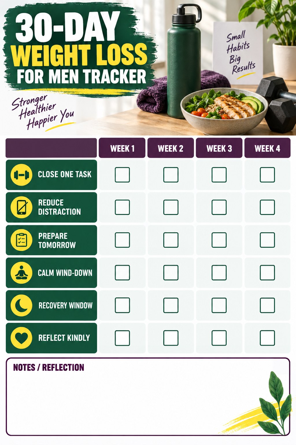 30-Day Weight Loss for Men printable-style tracker graphic with six labeled rows, empty checkboxes, and a reflection area.