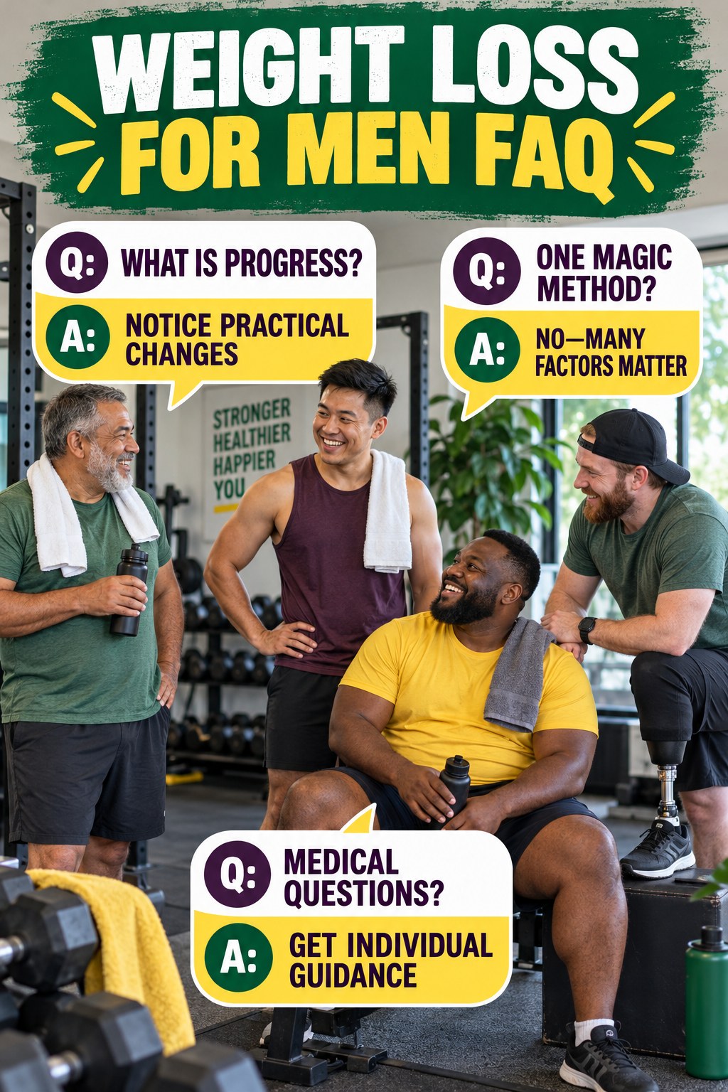Weight Loss for Men FAQ graphic with three concise questions and practical answers for beginners.