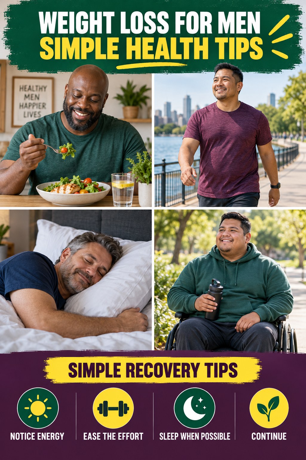 Weight Loss for Men simple-health graphic titled Simple Recovery Tips with four practical wellness prompts.