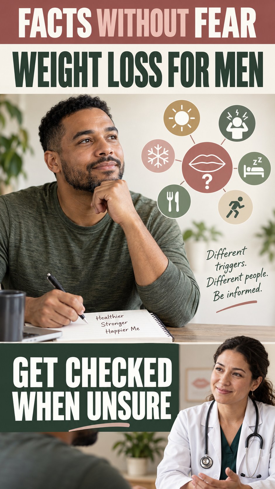 Symptom and Diagnosis Caution infographic for Weight Loss for Men, explaining that possible cold-sore triggers vary by person.