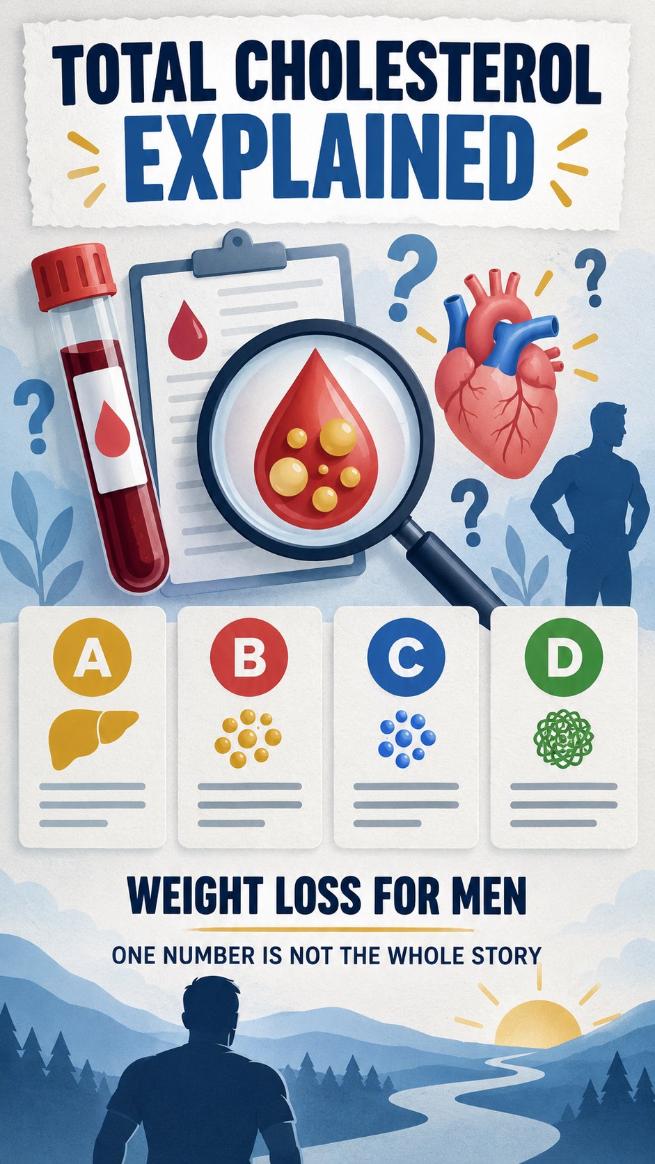 Total Cholesterol Interpretation Guide infographic for Weight Loss for Men, using a non-numerical educational lipid-panel layout with question and context icons.