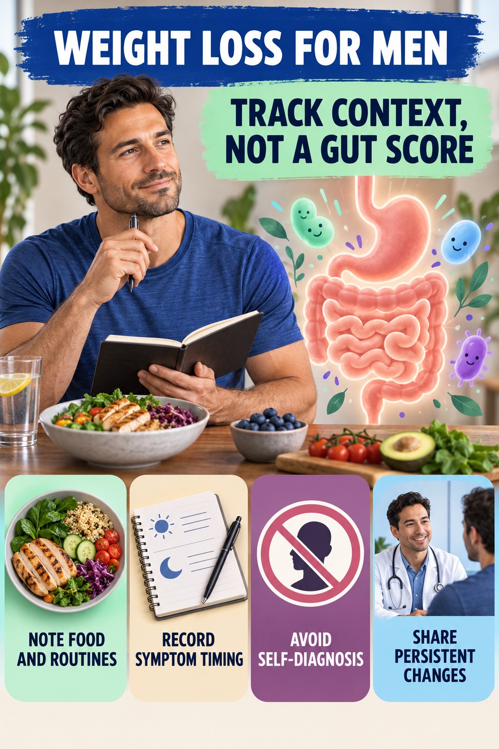 Track Habits and Symptoms, Not a Gut Score educational infographic for Weight Loss for Men with four evidence-aware points.
