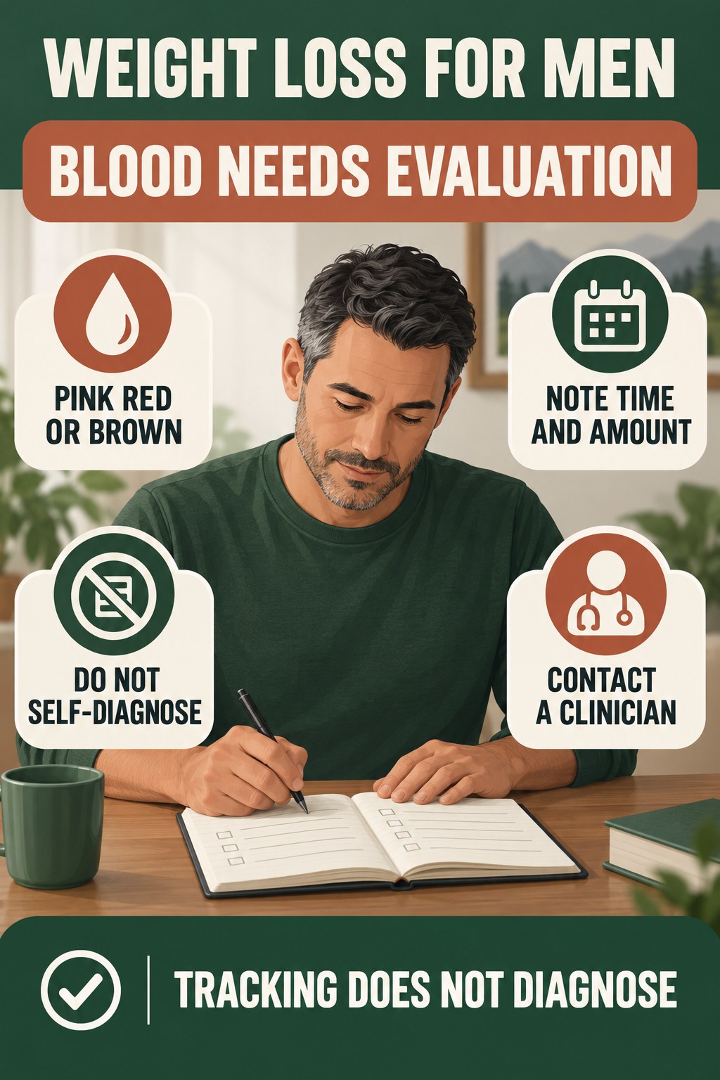 Treat Blood in Urine as a Medical Signal urinary symptom tracking infographic for Weight Loss for Men with four practical diary points and a non-diagnostic reminder.