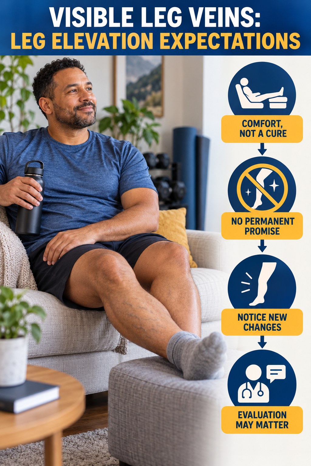 Leg Elevation Expectations infographic for Weight Loss for Men, showing body-neutral visible-leg-vein appearance care and the boundary between temporary cosmetic support and treatment.