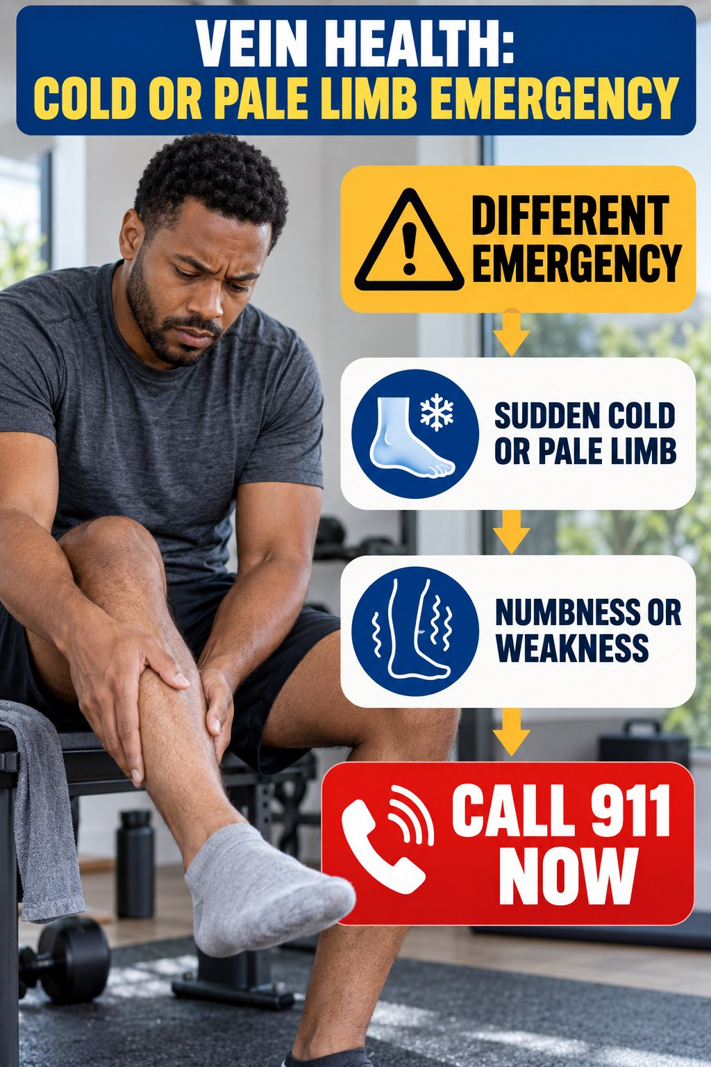 Cold or Pale Limb Emergency infographic for Weight Loss for Men, explaining vein-health warning signs and the appropriate next action without diagnosing a condition.