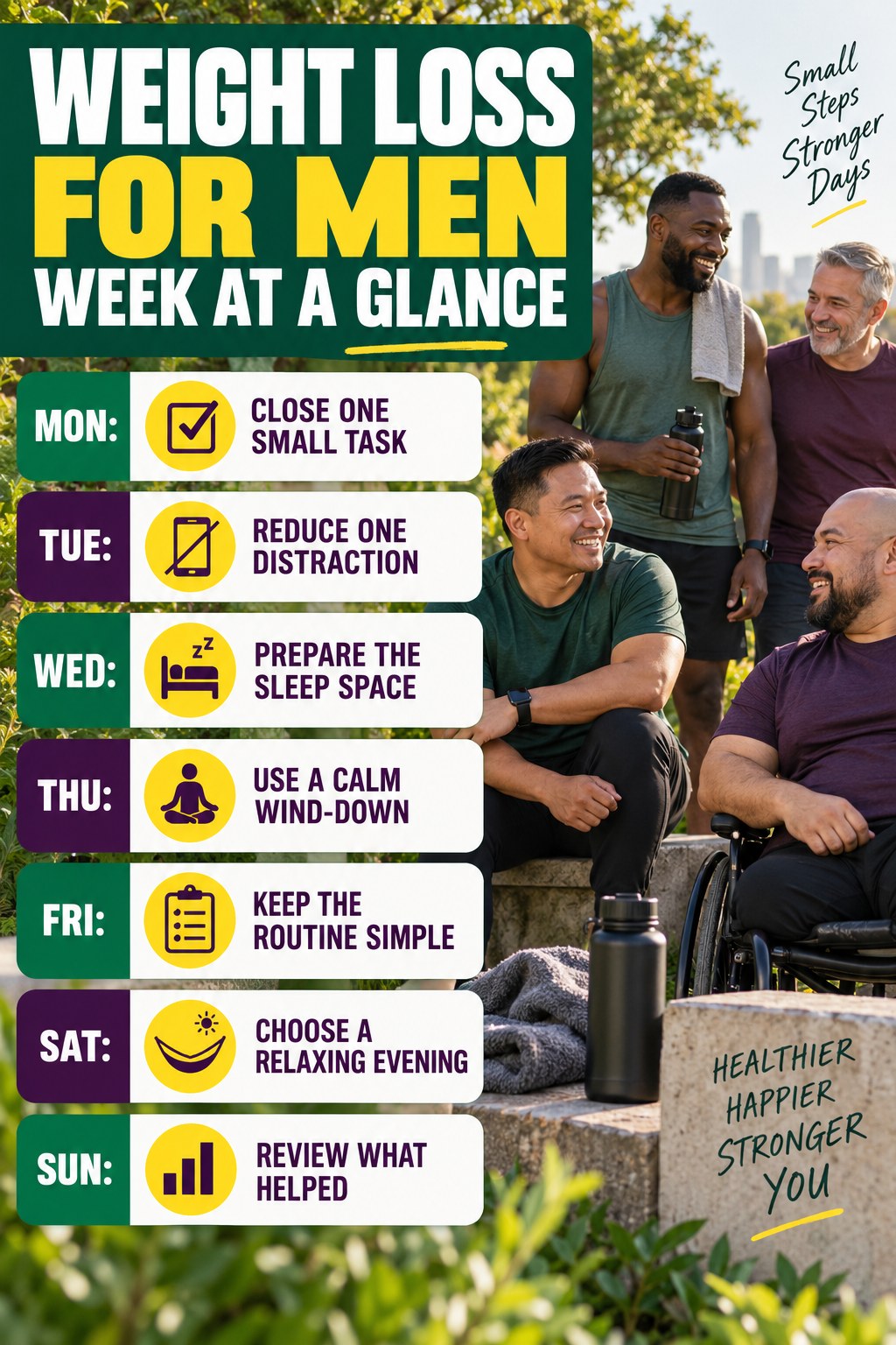 Weekly Weight Loss for Men plan graphic with concise Monday-to-Sunday actions and flexible recovery guidance.