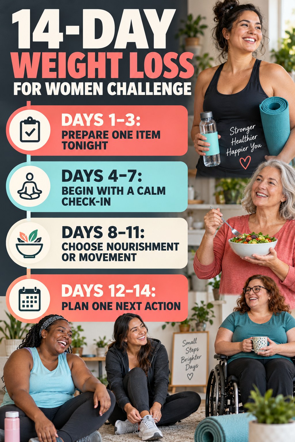 14-day Weight Loss for Women challenge graphic showing four manageable milestones for consistent practice.