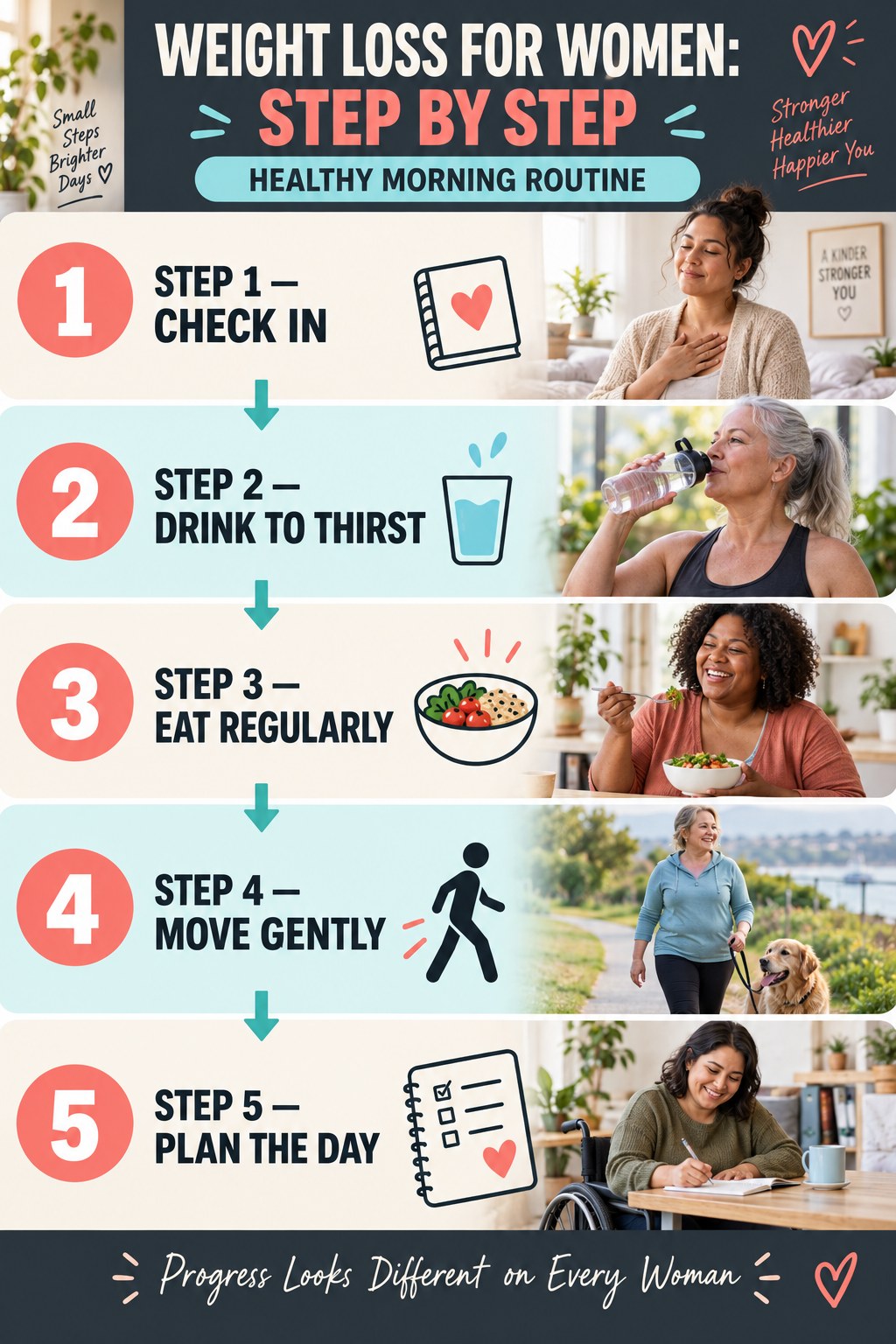 Weight Loss for Women step-by-step graphic showing five numbered stages for healthy morning routine.