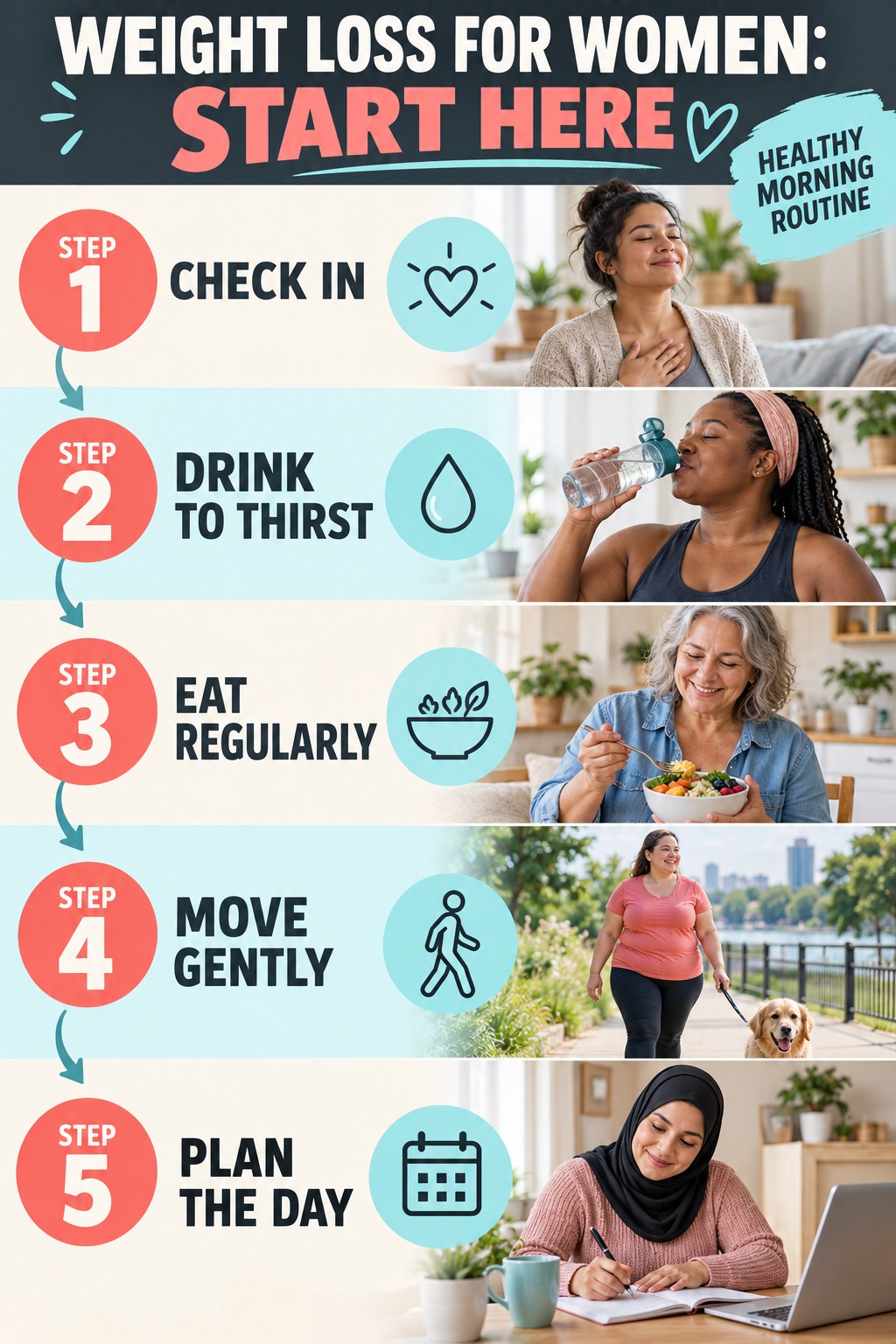 Weight Loss for Women beginner guide graphic showing five manageable stages for healthy morning routine.