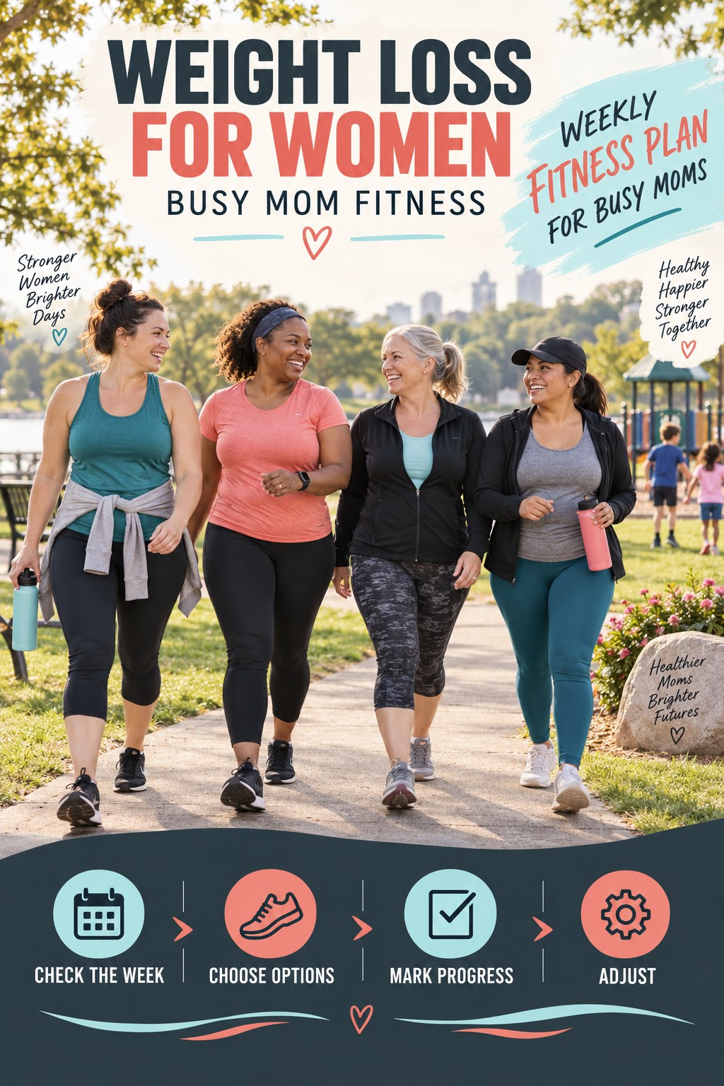 Weight Loss for Women busy-mom fitness graphic titled Weekly Fitness Plan for Busy Moms with four practical movement prompts.