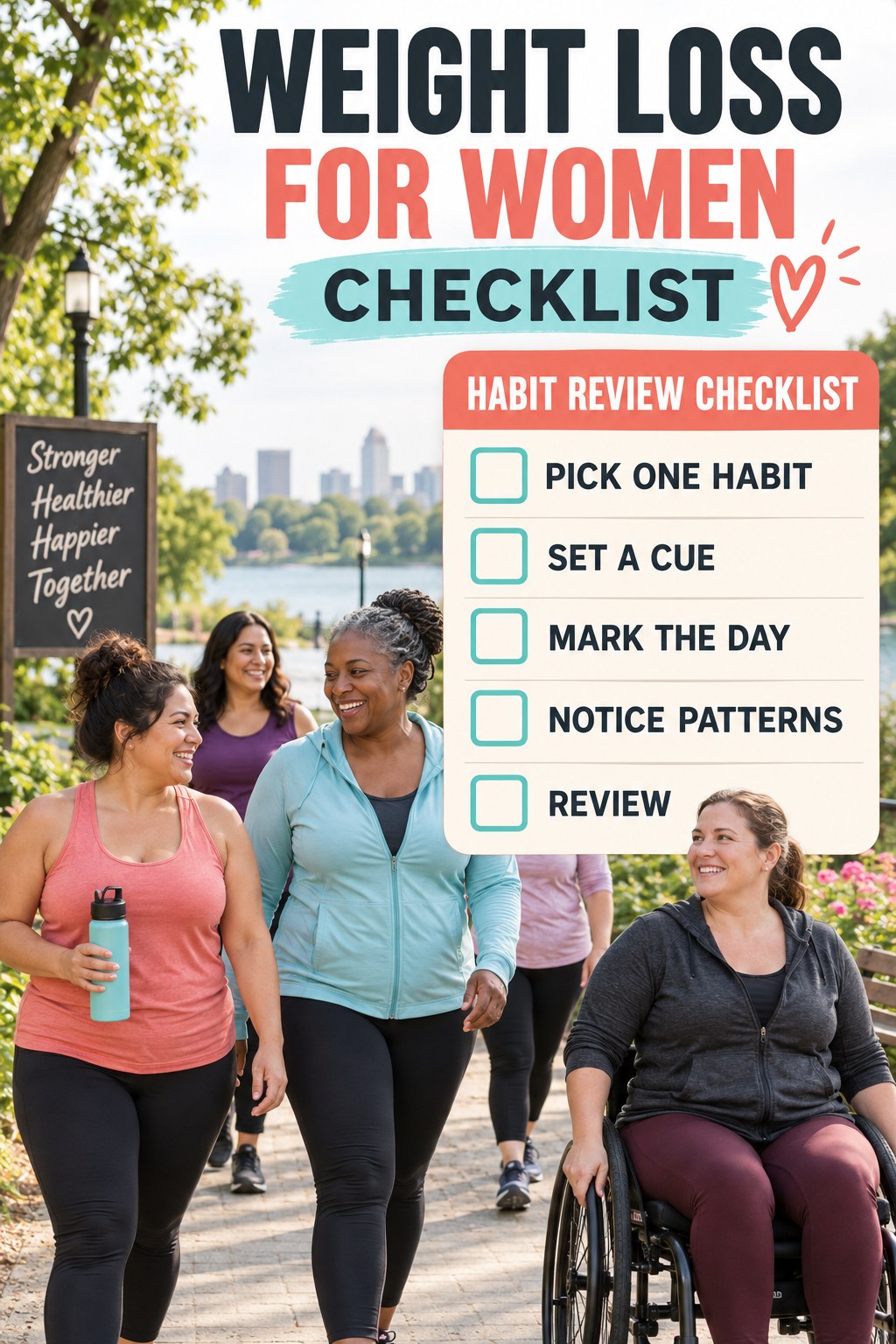 Weight Loss for Women checklist graphic titled Habit Review Checklist with five clear practical wellness items.