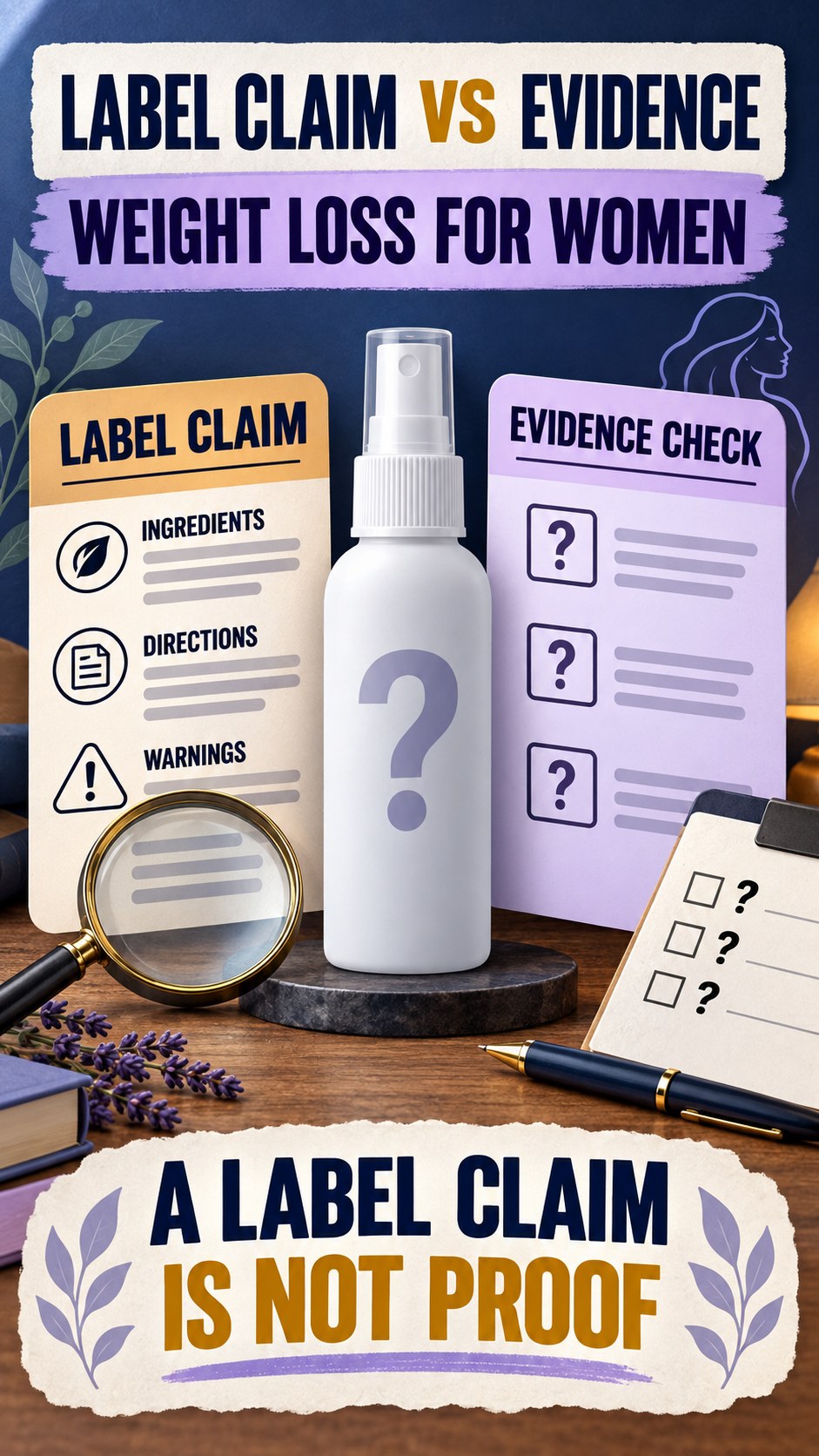 Claim Versus Evidence Review infographic for Weight Loss for Women, showing a generic spray-label checklist that separates available facts, missing details, and evidence questions.