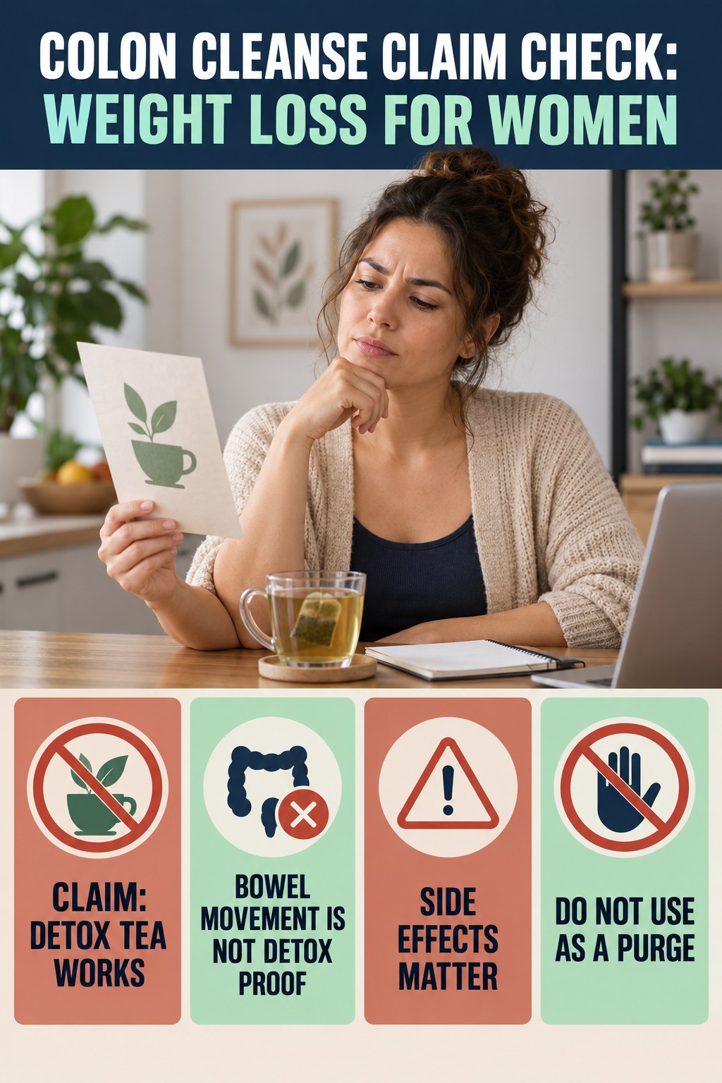 Detox Tea and Laxative Claims infographic for Weight Loss for Women, separating a colon-cleanse marketing claim from evidence, reasonable conclusions, and safety context.
