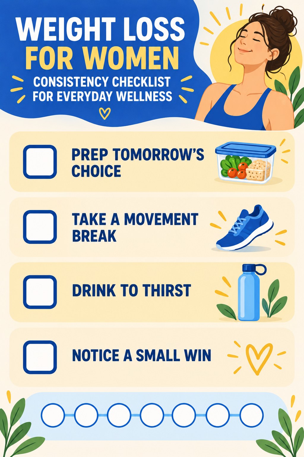 Weight Loss for Women Consistency Checklist for Everyday Wellness infographic with checkboxes for prep tomorrow’s choice, take a movement break, drink to thirst, notice a small win.