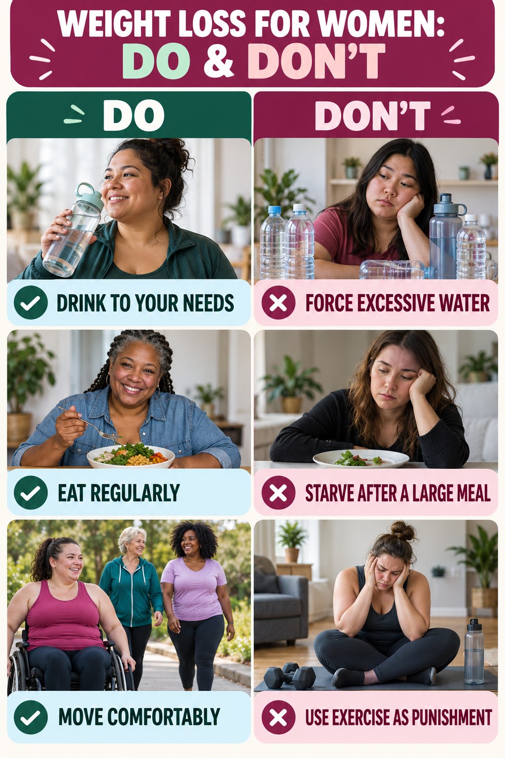 Weight Loss for Women Do and Don’t comparison graphic showing three practical behavior pairs for sustainable habits.