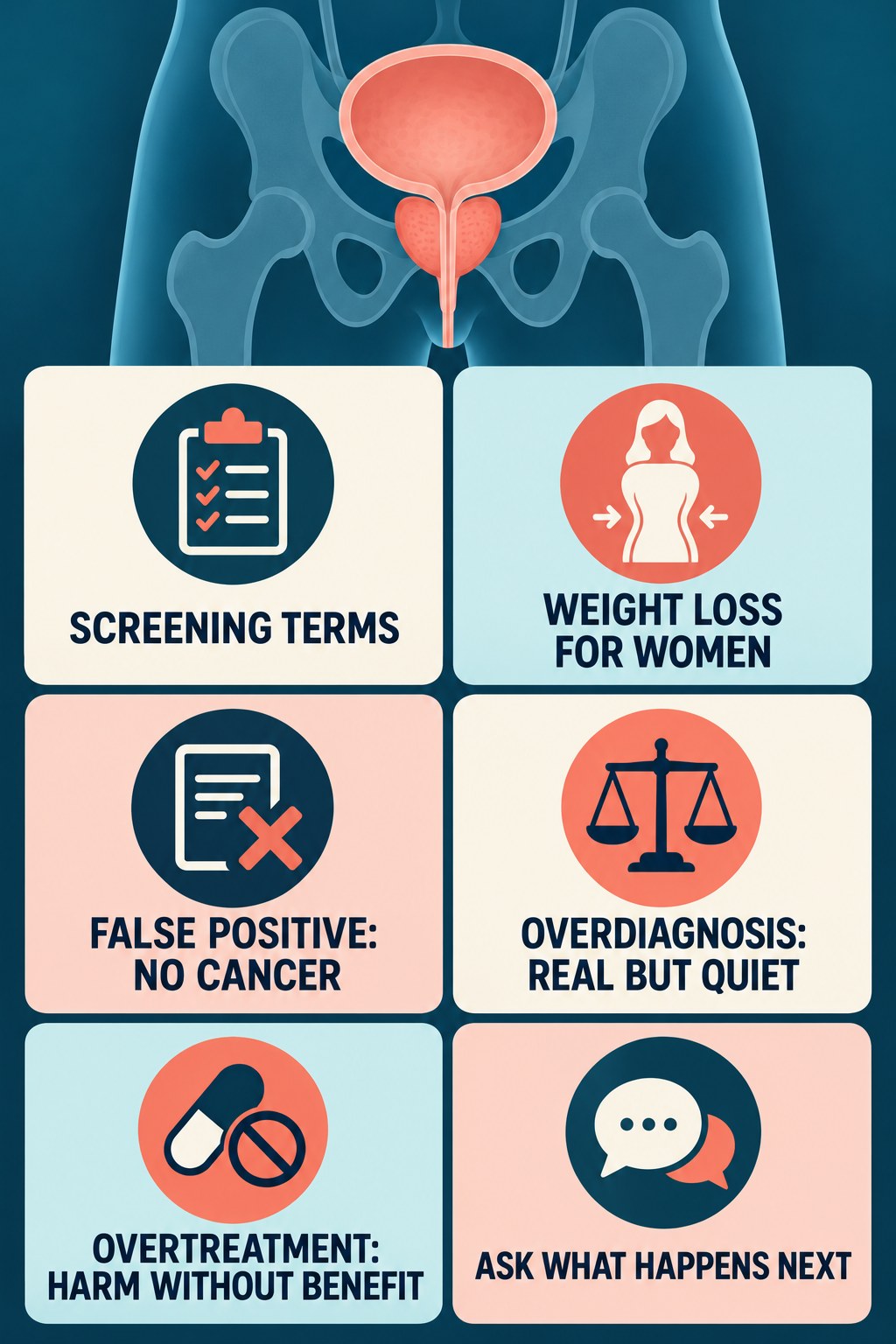 False Positive, Overdiagnosis, and Overtreatment infographic for Weight Loss for Women with four concise prostate-health awareness points.