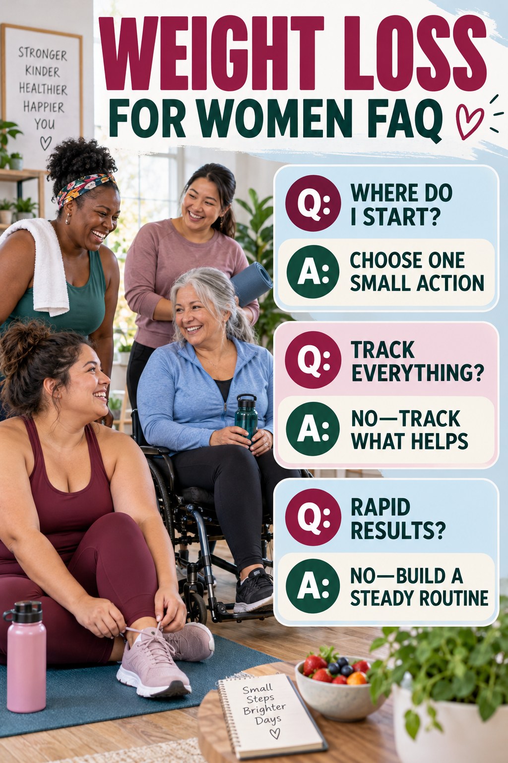 Weight Loss for Women FAQ graphic with three concise questions and practical answers for beginners.