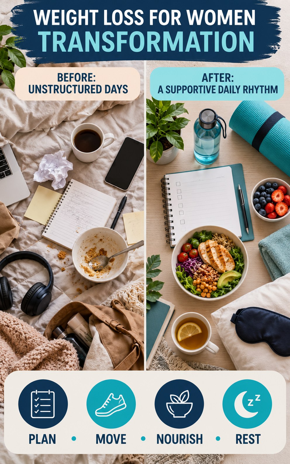 Weight Loss for Women habit transformation graphic comparing unstructured days with a supportive daily rhythm using four practical steps.
