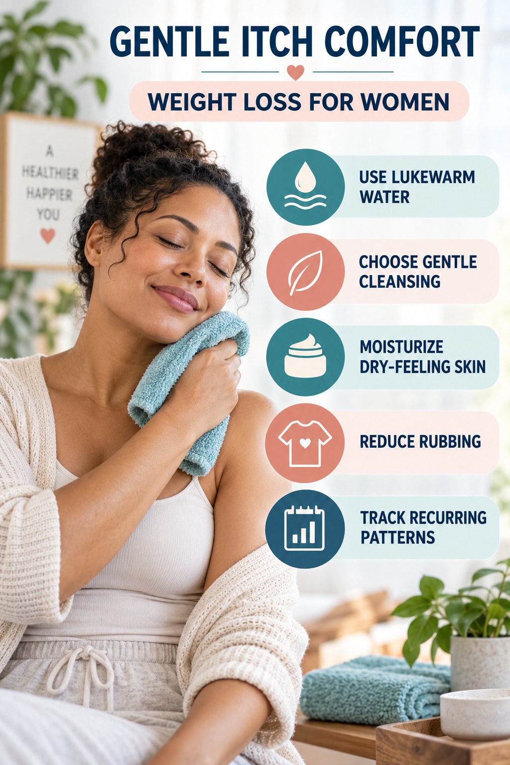 Gentle Everyday Comfort Routine infographic for Weight Loss for Women with five gentle itchy-skin comfort strategies and a non-diagnostic safety focus.