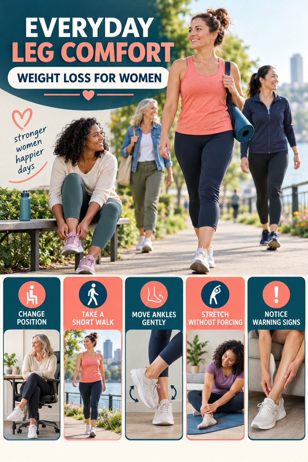 Gentle Everyday Leg Comfort infographic for Weight Loss for Women with five gentle movement, position, footwear, recovery, or safety actions.