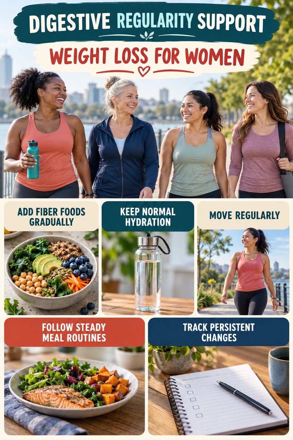 Gentle Everyday Regularity Habits infographic for Weight Loss for Women with five practical food, hydration, movement, or routine actions and no cleanse claims.