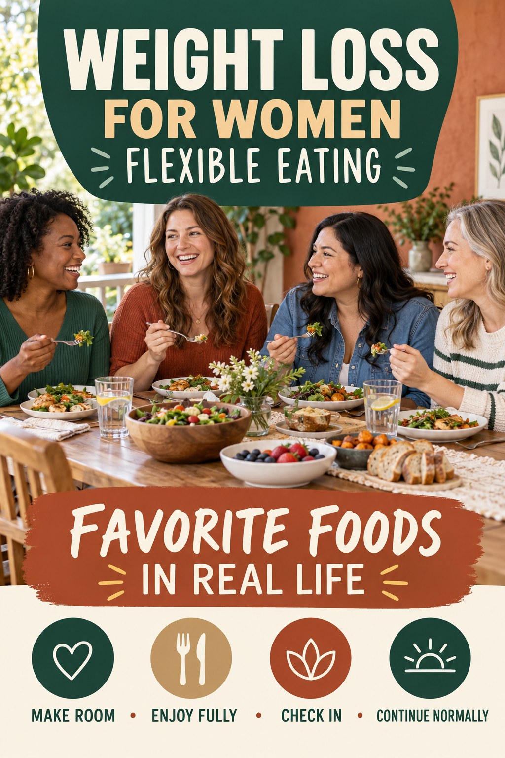 Weight Loss for Women flexible eating graphic titled Favorite Foods in Real Life with four practical balance prompts.