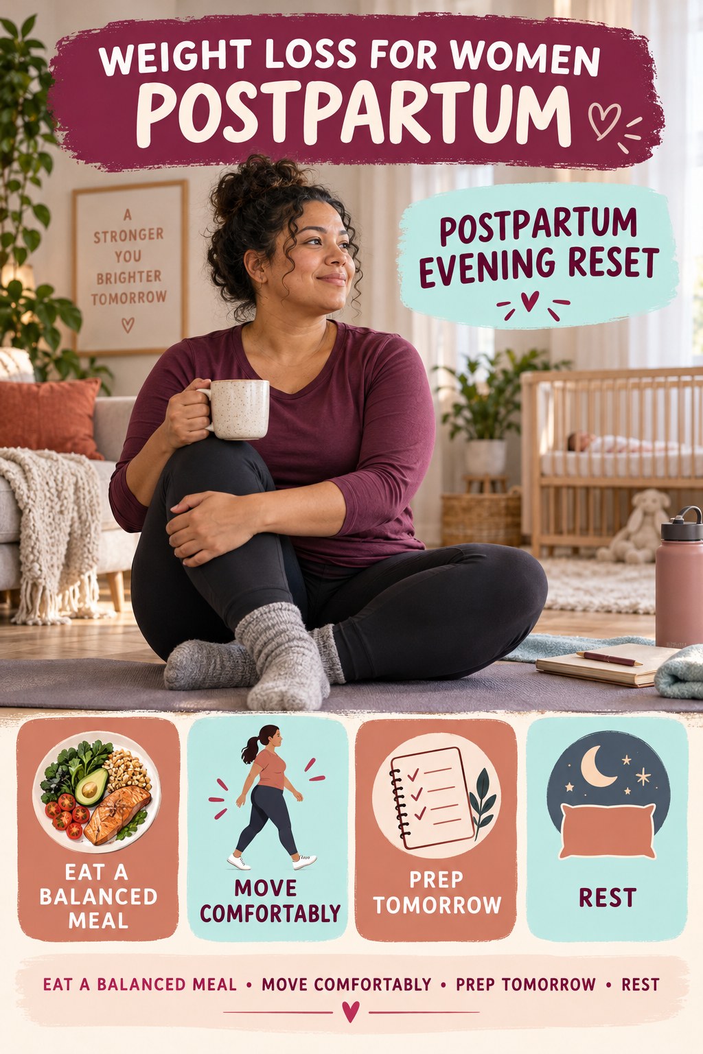 Weight Loss for Women postpartum graphic titled Postpartum Evening Reset with four gradual recovery-aware prompts.
