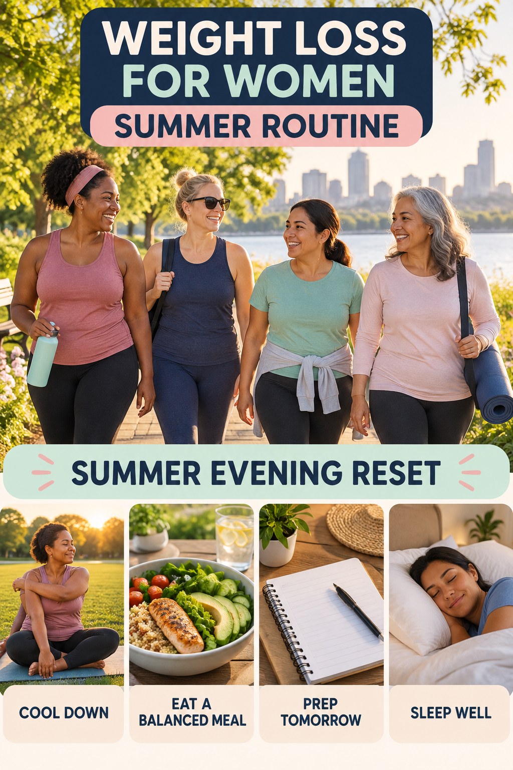 Weight Loss for Women summer routine graphic titled Summer Evening Reset with four practical wellness prompts.