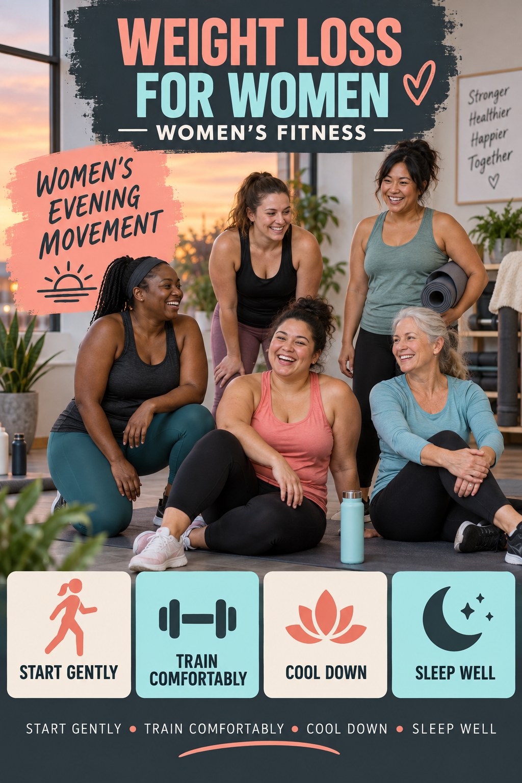 Weight Loss for Women women’s fitness graphic titled Women’s Evening Movement with four practical training prompts.