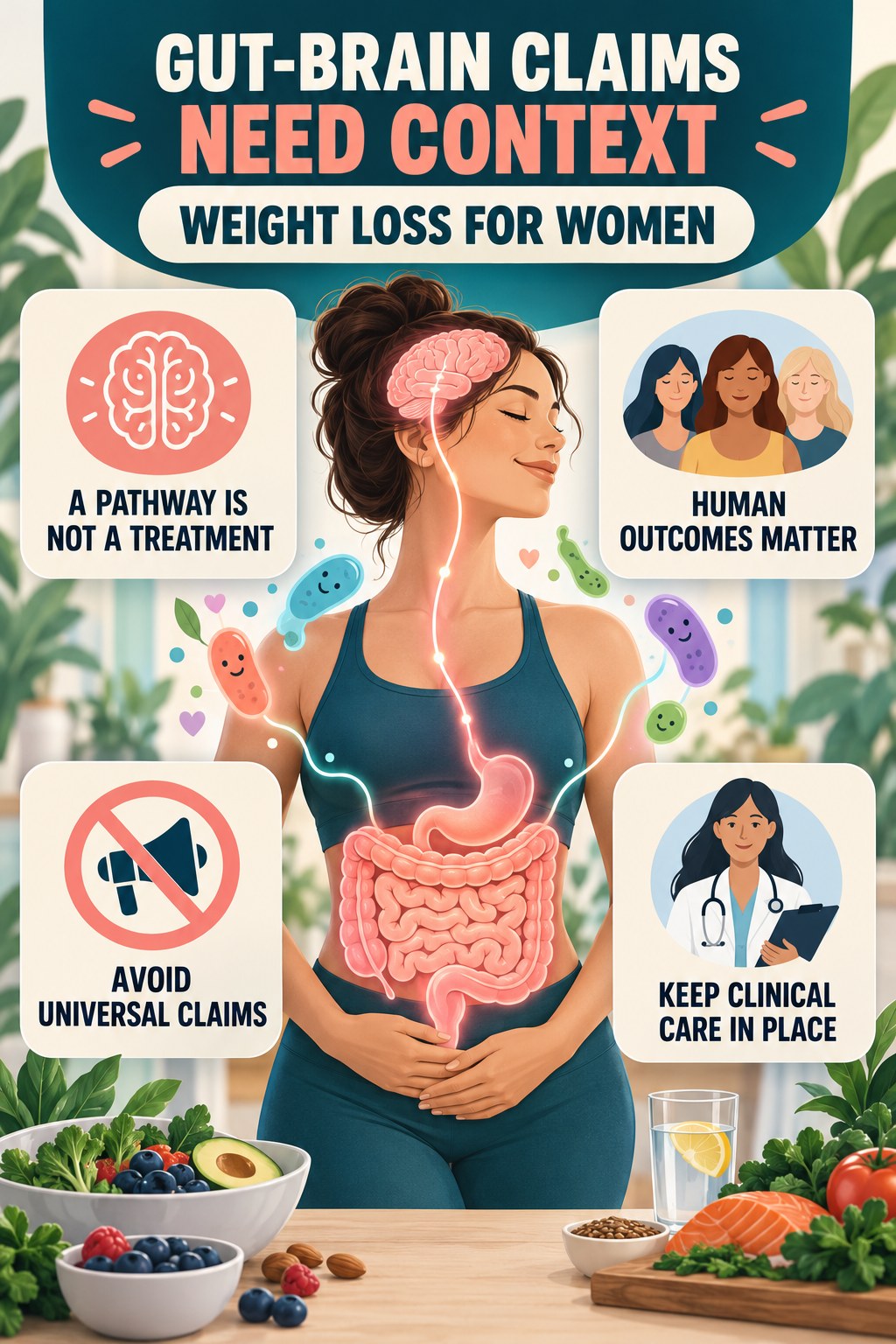 Gut-Brain Claims Need Human Evidence educational infographic for Weight Loss for Women with four evidence-aware points.