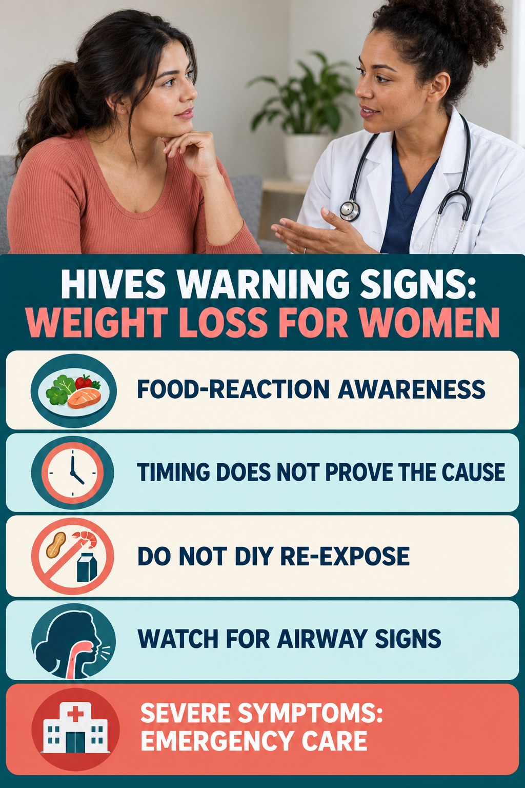 Food-Reaction Awareness infographic for Weight Loss for Women, highlighting urgent breathing, throat, swelling, fainting, and rapid-progression warning signs without diagnosing hives.