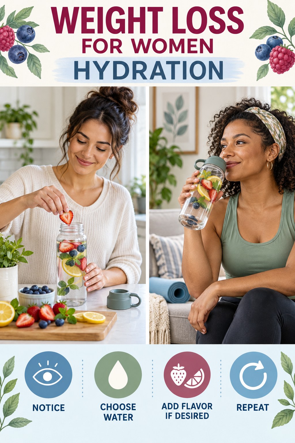 Weight Loss for Women hydration graphic titled Healthy Beverage Swap with four flexible water-habit prompts and no fixed intake target.