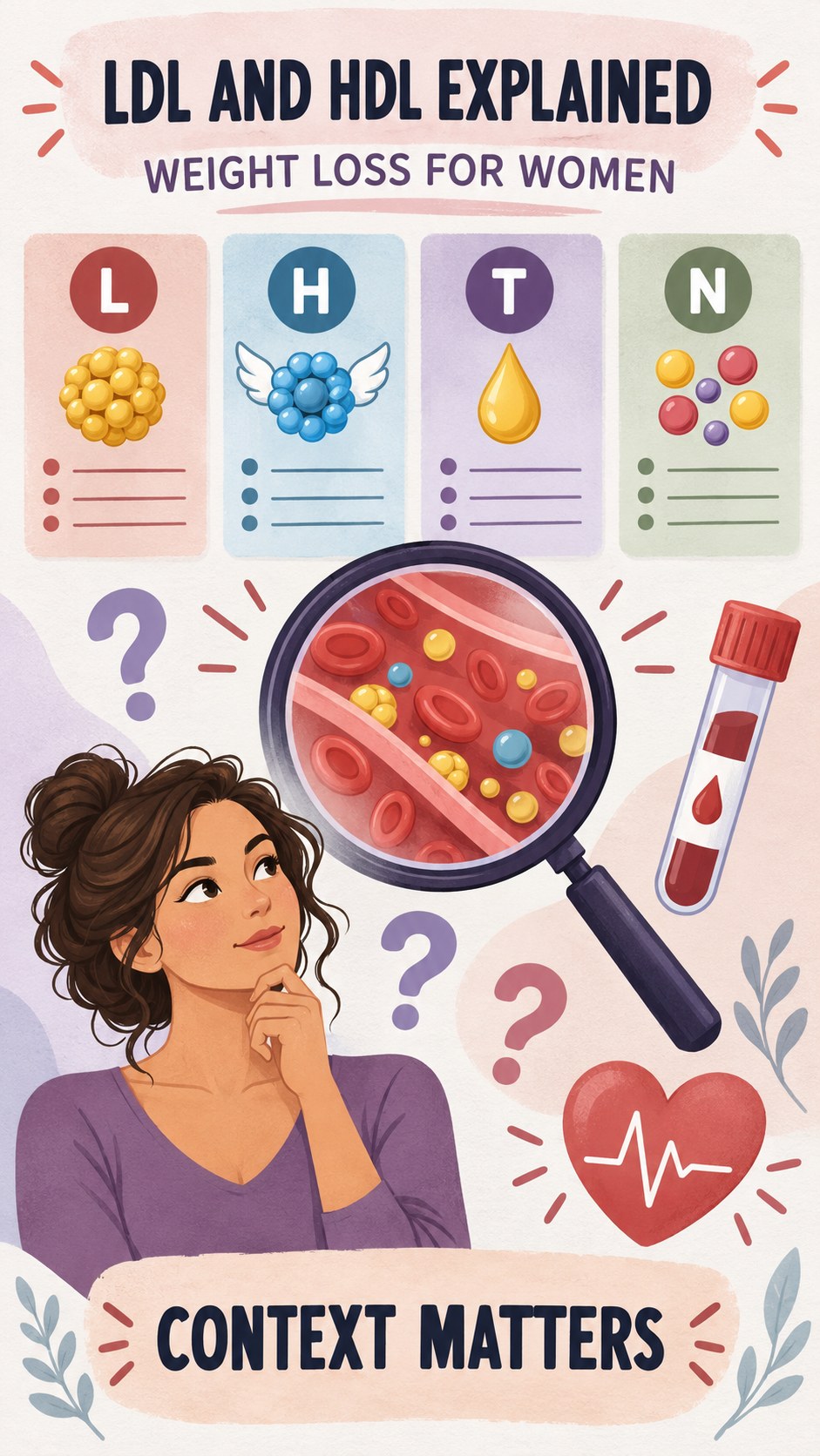 LDL and HDL Context Guide infographic for Weight Loss for Women, using a non-numerical educational lipid-panel layout with question and context icons.