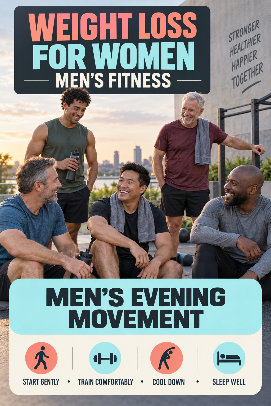 Weight Loss for Women men’s fitness graphic titled Men’s Evening Movement with four practical training prompts.