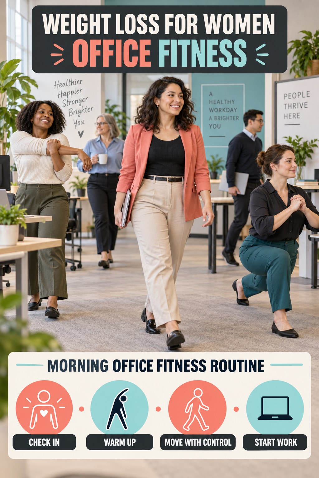 Weight Loss for Women office-fitness graphic titled Morning Office Fitness Routine with four practical workday movement prompts.