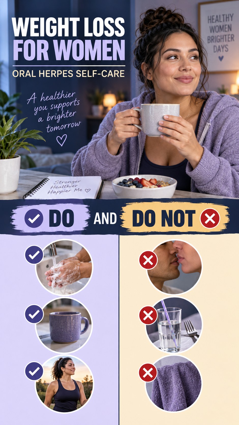 Oral Herpes Self-Care Guide infographic for Weight Loss for Women, presenting respectful oral herpes comfort, hygiene, and safety education.