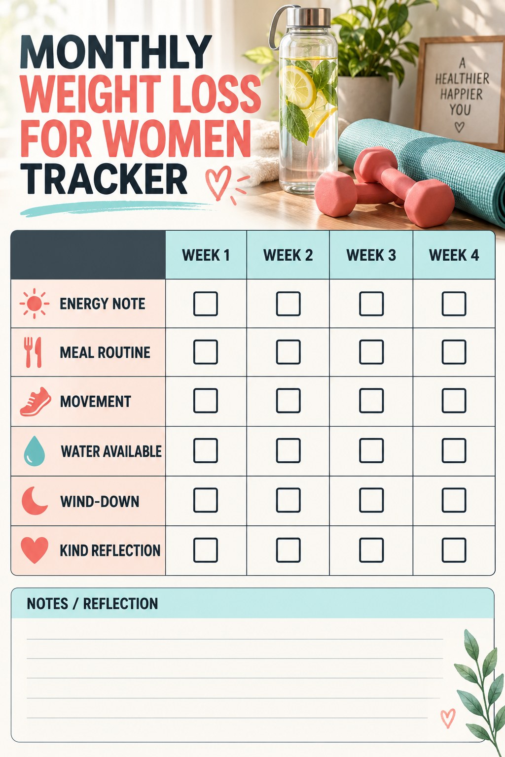 Monthly Weight Loss for Women printable-style tracker graphic with six labeled rows, empty checkboxes, and a reflection area.