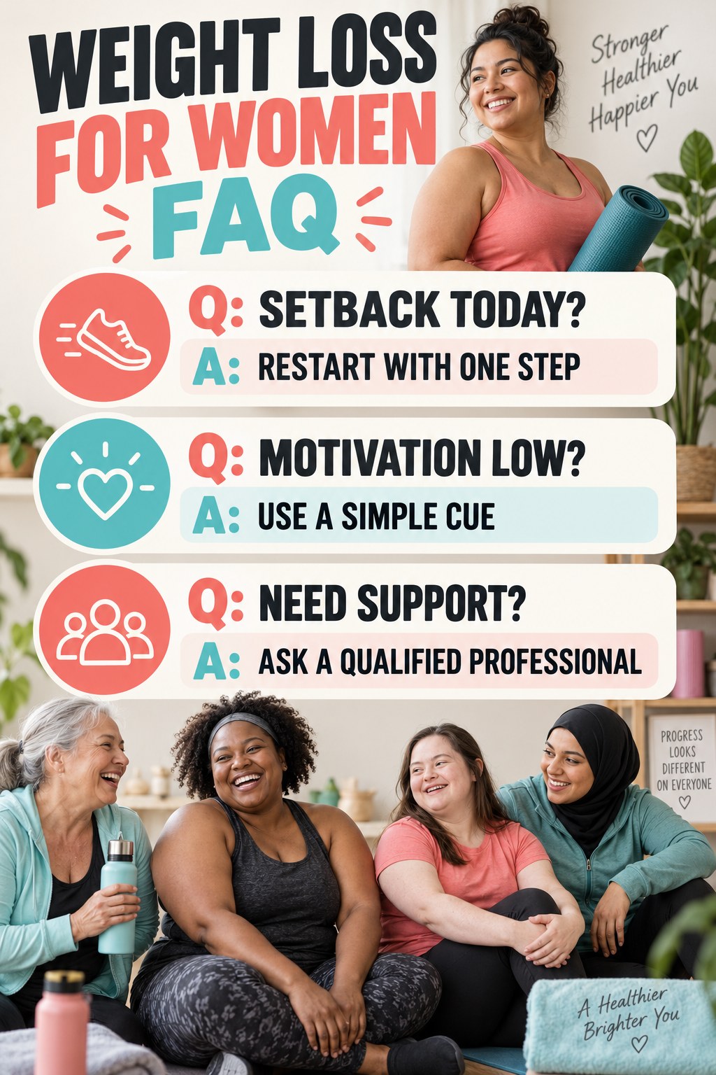 Weight Loss for Women FAQ graphic with three concise questions and practical answers for beginners.