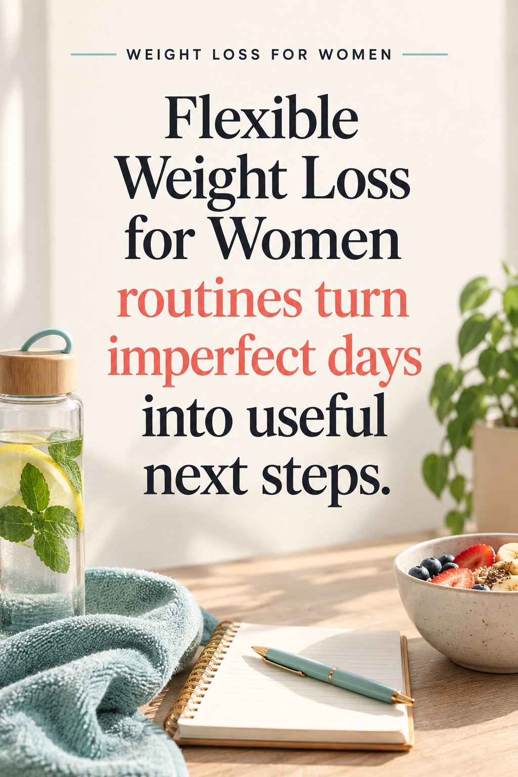 Original Weight Loss for Women quote graphic reading “Flexible Weight Loss for Women routines turn imperfect days into useful next steps.” in a board-relevant editorial design.