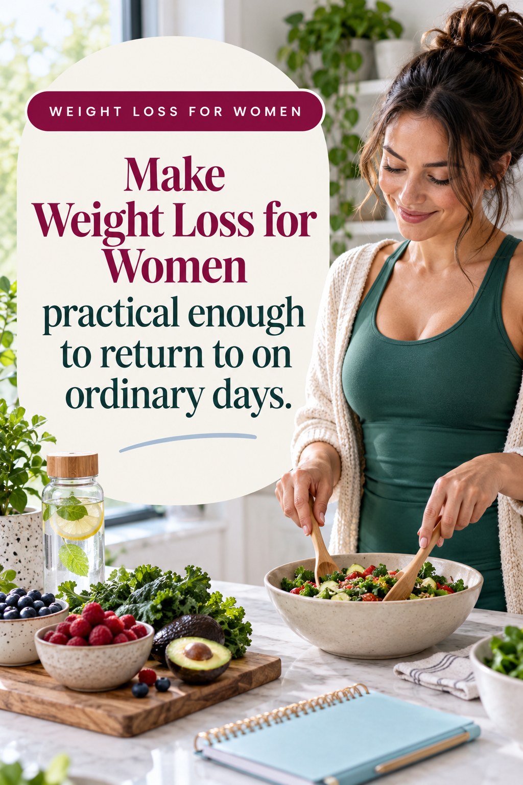 Original Weight Loss for Women quote graphic reading “Make Weight Loss for Women practical enough to return to on ordinary days.” in a board-relevant editorial design.