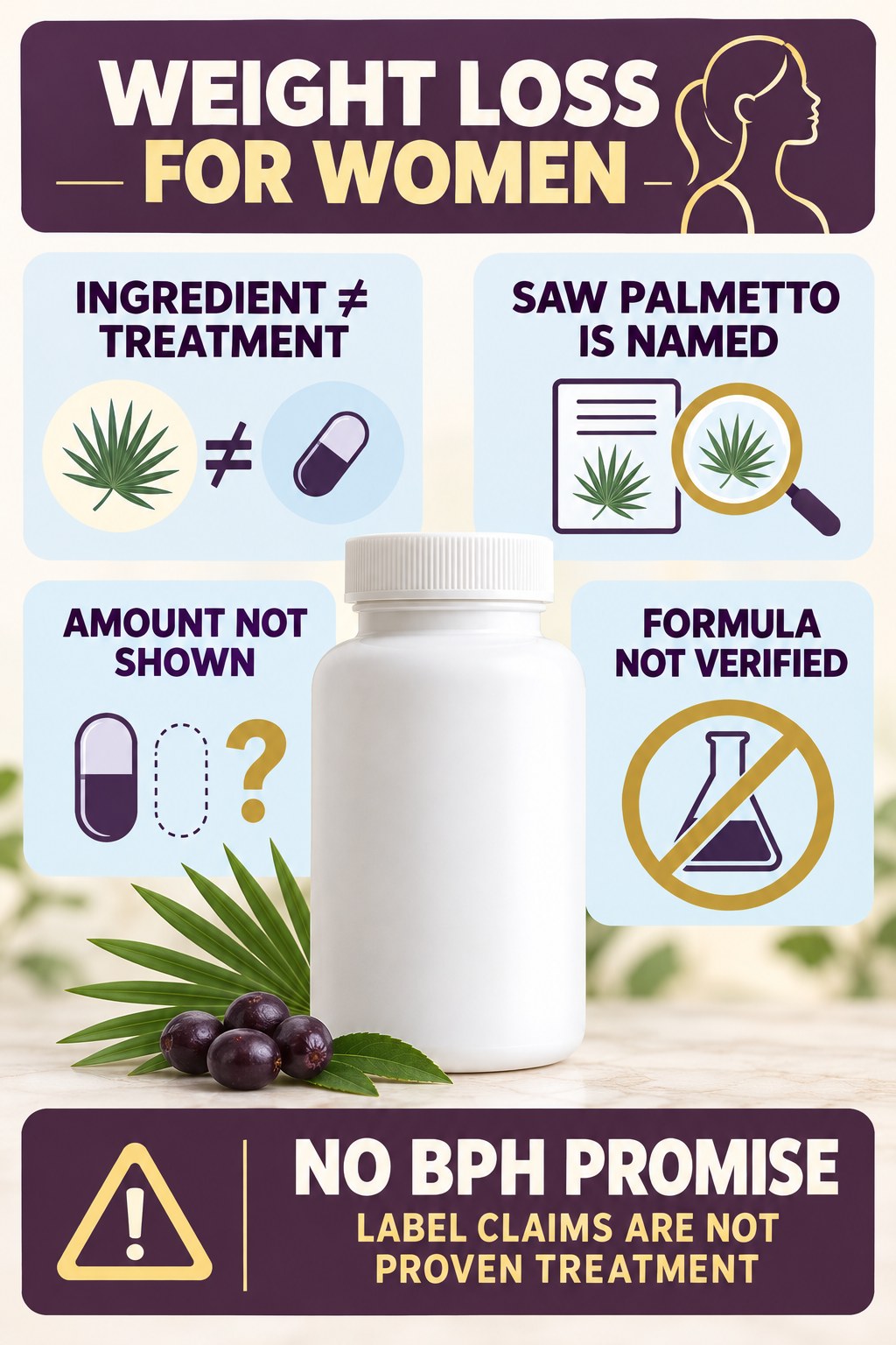 Saw Palmetto Presence Is Not a BPH Treatment Claim prostate supplement label-literacy infographic for Weight Loss for Women with four careful reading points.